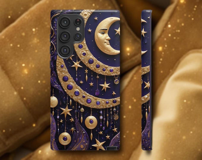 Goth Whimsy Celestial Art Purple Lunar Stars Tough Phone Case, Samsung Galaxy S25 S24 S23 S22| iPhone 16 15 14 13 12 11 Pro Max plus,