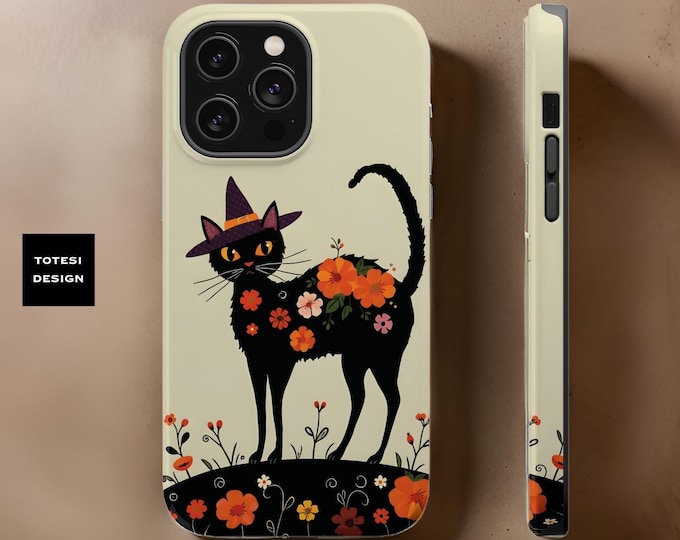 Witchy Whimsy black cat flowers Fall Art MagSafe iPhone case  dual layer tough phone case 13 14 15 16 Pro Max Plus Mini| Fall gifts