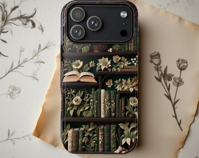 Bookcase Floral Art Phone Case: Vintage Bookish Design