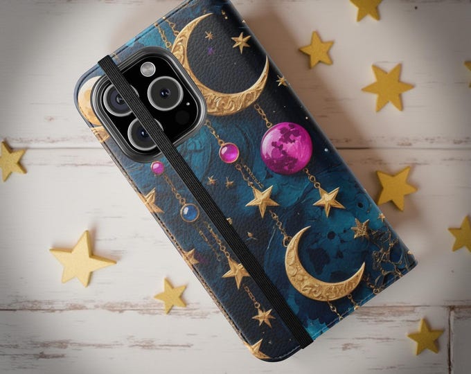 Celestial Moon Night Sky Stars Wallet phone case, cardholder stand, iPhone 16 15 14 13 Pro Max Plus, S25 S24 S23 S22 Plus Ultra