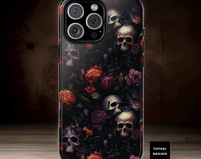 Gothic Floral Dark Skulls Roses Aesthetic| iPhone Tough Case 16 15 14 13 12 11 Pro Max  Plus | ornamental Victorian Gothic | Glossy Matte