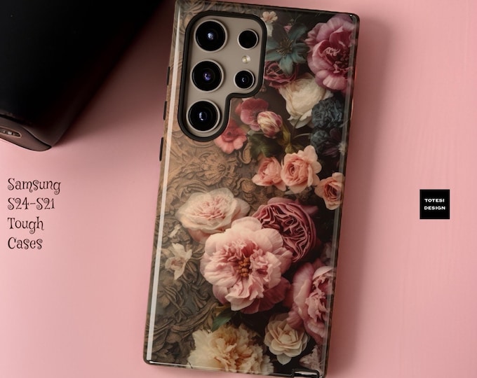 Romantic Vintage ornate phone case pink floral art tough phone case | Samsung Galaxy S25 S24 S23 Plus Ultra iPhone 16 15 14
