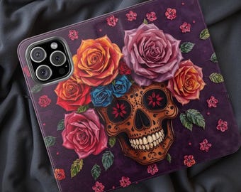 Floral Skull Wallet Phone Case: Bohemian Faux Leather iPhone & Samsung
