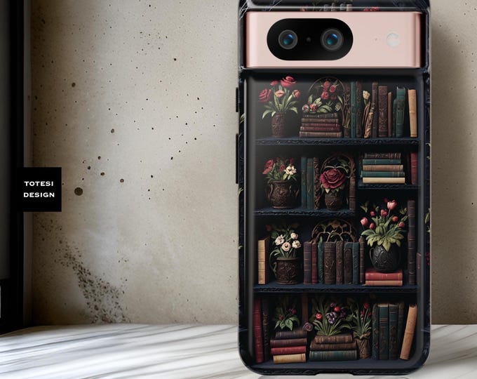 Gothic Floral Pixel Tough Case, Bookish Bookshelf Phone Cover, Dark Academia Reader, Whimsical Book Lover, Cute Goth Gift, Black Floral