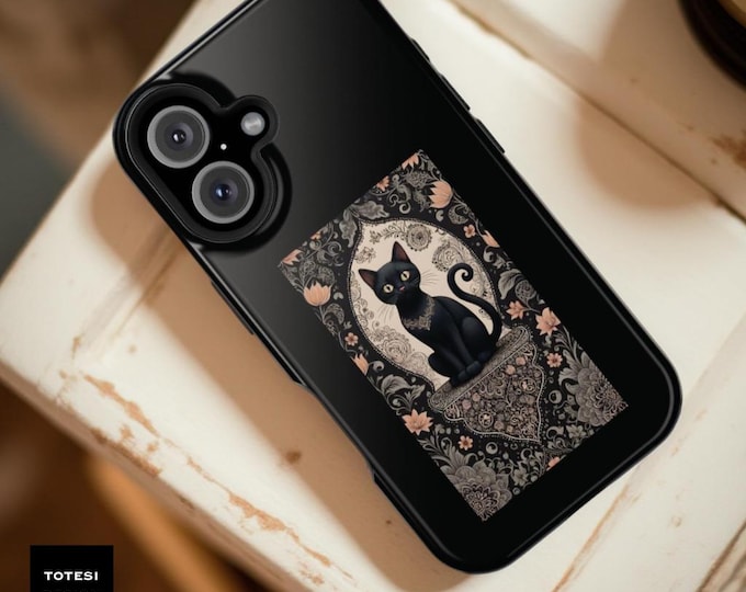 MagSafe iPhone Case: Vintage Gothic Black Cat Floral Art, Dual Layer