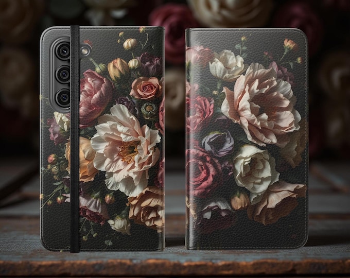 Wallet phone case, Dark Moody Floral Bouquet, iPhone 16 15 14 13 Pro Max Plus, S25 S24 S23 S22 Plus Ultra, Dark Romance