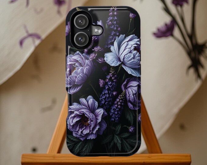 iPhone magnetic sturdy case | Dark moody purple floral Academia Gothic  dual layer 13 14 15 Pro Max Plus Mini|