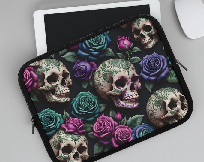 Gothic Skulls Roses Laptop Sleeve Case for Students, MacBook Cover, iPad Kindle Holder, Unique Art Gothic Sleeve, Skulls and Roses Student