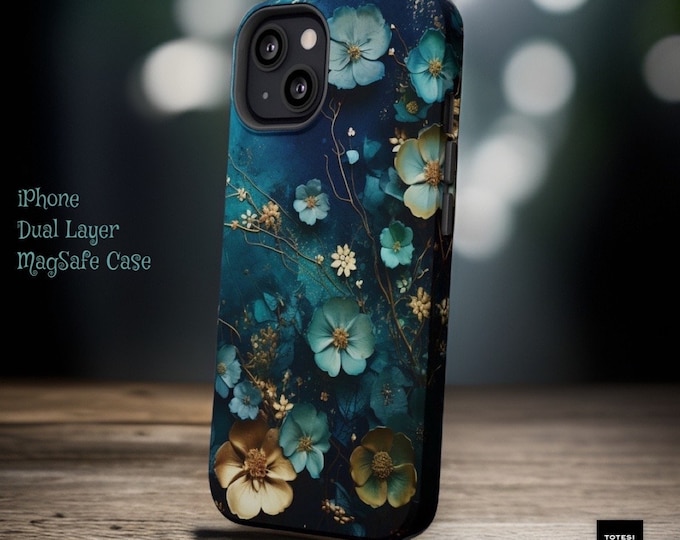 Moody Turquoise Floral MagSafe Comp bohemian aesthetic iPhone case 13 14 15 Pro Max Plus Mini | Glossy or Matte