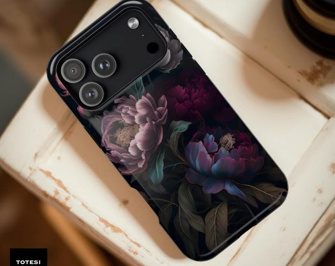 Dark Academia Floral iPhone Case: Whimsigoth Peonies, MagSafe Compatible (iPhone 16, 17 Pro Max)