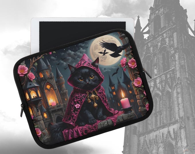 Gothic Cat Laptop Sleeve, Cozy Cat Lover Gift, Witchy Aesthetic Computer Case, Halloween Decor, Mystic Feline Accessory