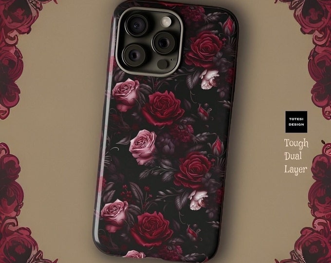 Gothic Dark Floral Black Red Pink Roses iPhone Tough Case 15 14 13 12 Pro Max Plus Mini  |ornamental vintage floral  |Glossy Matte