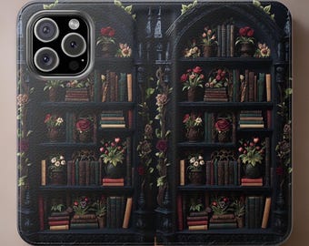 Gothic Bookcase iPhone Case: Dark Academia Floral Faux Leather Wallet