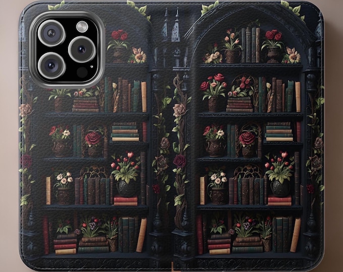 Gothic Bookcase iPhone Cover Case 11, 12,13,14 15 16 Pro Max Plus Samsung Galaxy| literary book worm lover bookish Stand cardholder