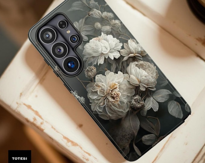 Dark Floral iPhone Case – Gray Academia Style, Protective Dual Layer