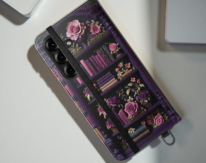 Books Boho Floral Purple Folio Wallet iPhone Case, Stylish Unique Chic Gift for Her, Dark Moody Floral Phone Cover, Flip Stand Cases