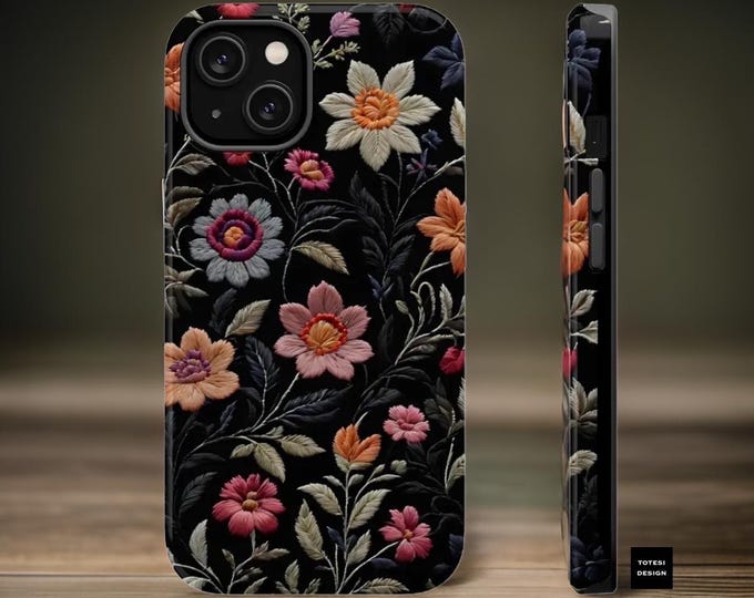 Bohemian Floral Vintage Embroidery Style Magnetic Tough Case for iPhone - MagSafe Compatible, Dark Academia Aesthetic - 13 14 15 16 Pro Max