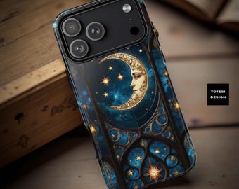 Celestial blue moon stars goth vintage phone case iPhone 17 16 15 14 13 Samsung Galaxy S25 S24 S23