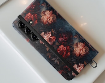 Bohemian Dark Academia Goth Folio Wallet iPhone Case, Stylish Unique Dark Moody Floral Phone iPhone Samsung, Flip Stand Cases