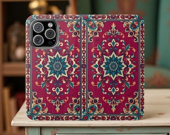 Boho Persian Rug Wallet Folio Phone Case | Cardholder Stand iPhone Samsung