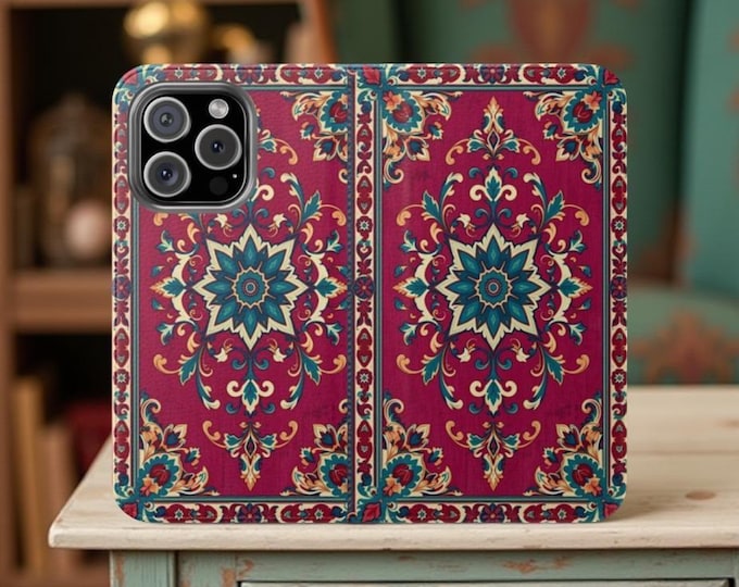 Boho Persian Rug Wallet Folio Phone Case | Cardholder Stand iPhone Samsung