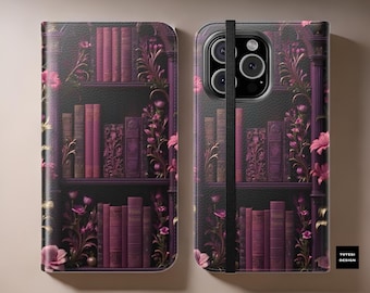 Books bookshelf wallet phone case floral aesthetic iPhone tough case | Folio  Cover Stand Cardholder | 16 15 14 13 12 11 Pro Max Plus