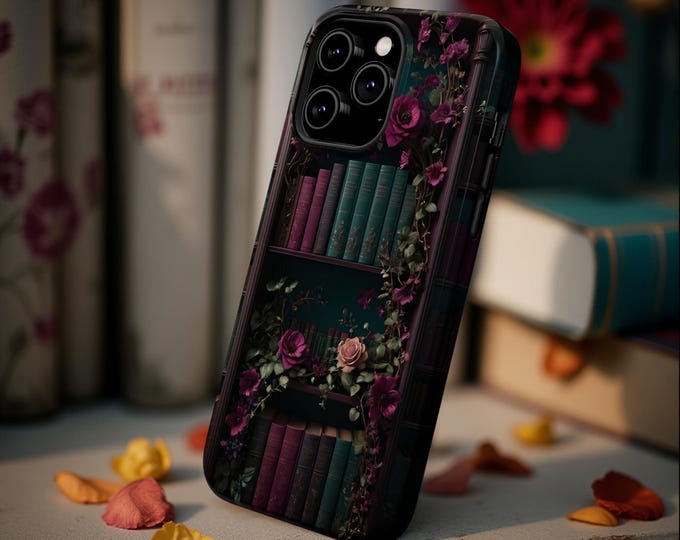 Floral Bookshelf MagSafe iPhone Case: Dark Academia Style