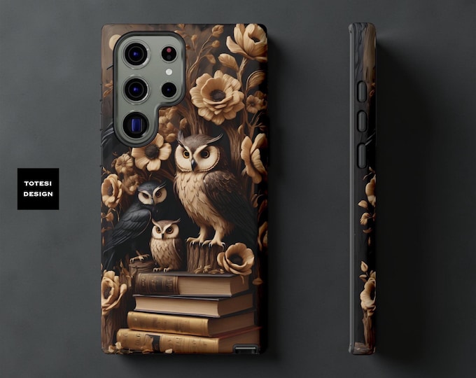 Books Goth Wise Owls dark academia iPhone Samsung Galaxy phone cases S25 S24 S23 S22| iPhone 16 - 11, Google Pixel, book owl lover gift