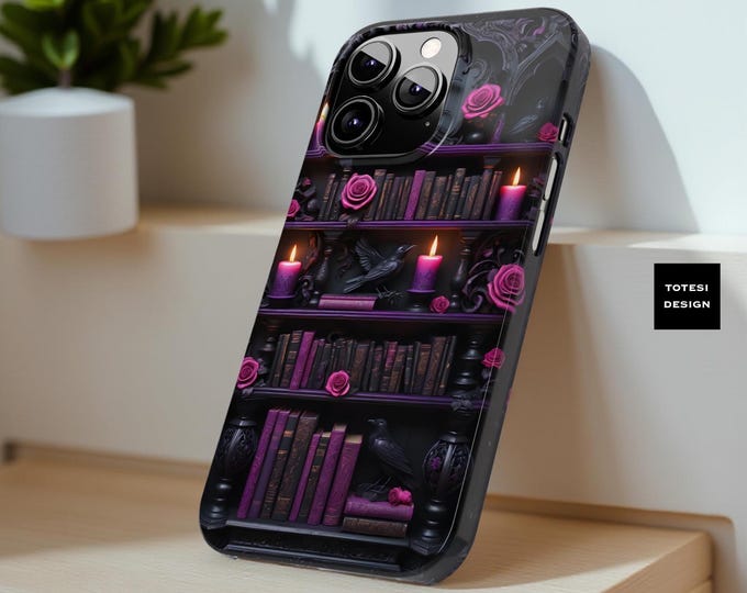 Goth ravens bookshelf Dark floral academia Slim iPhone case, Bookworm Vintage Bookshelf goth whimsy, Book lover gift reader, bookish gifts