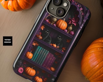 Bookish Halloween Gothic bookcase Pumpkins Black Cat iPhone Phone Cases 16 15 14 13 12 11 Pro Max Plus Mini Glossy or Matte