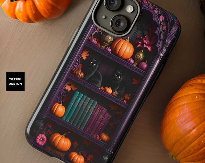 Bookish Halloween Gothic bookcase Pumpkins Black Cat iPhone Phone Cases 16 15 14 13 12 11 Pro Max Plus Mini Glossy or Matte