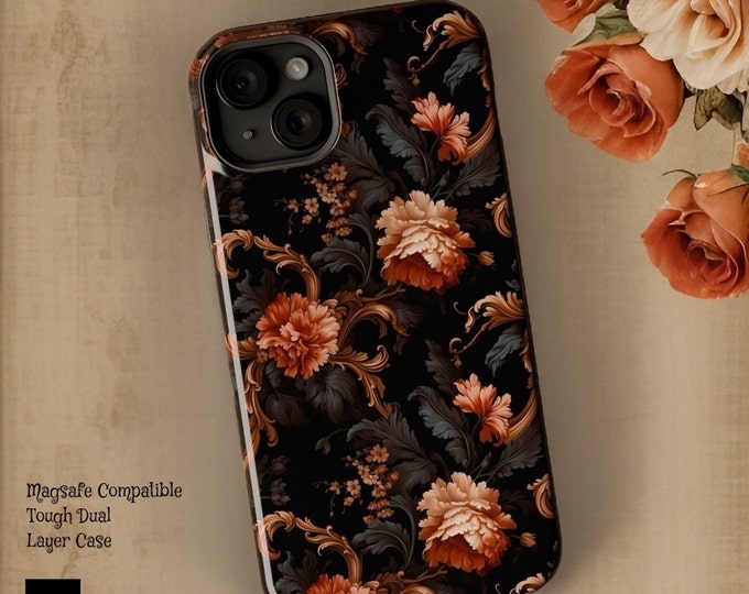 Gothic Victorian Floral Tough Case, Vintage Black Orange Magnetic iPhone Cover, Moody Foliage, Swirly 16 15 14 13, Halloween Gift, Dark