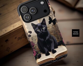 Gothic Black Cat iPhone Case: Floral Dark Academia Vintage Style
