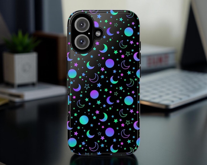 Dark neon, stars, moon, celestial, goth, witchy | Tough Cases | iPhone 16 15 14 13 12 11 S22, S23 S24 S25 Plus, Ultra| iPhone 11-16, Google