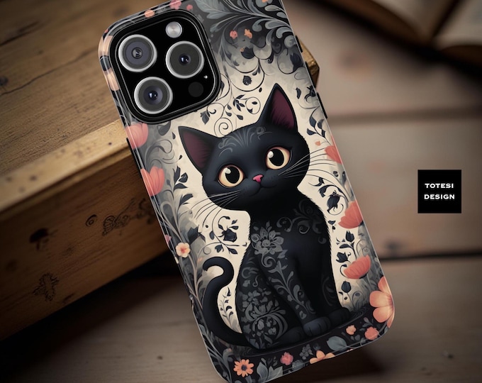 Black Kitty Cat Floral Phone Case: iPhone, Samsung Galaxy Tough Cover