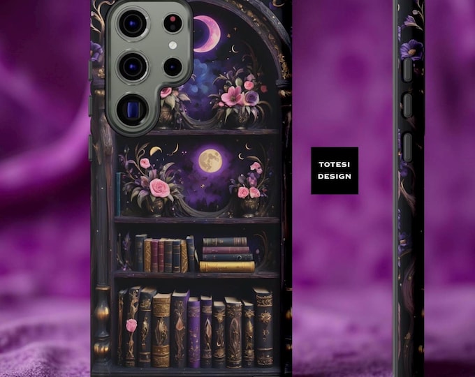 Gothic Samsung  phone cases magical bookshelf, Book lover fantasy, iPhone Google Pixel, celestial Matte or Glossy, Gift for Teen Daughter