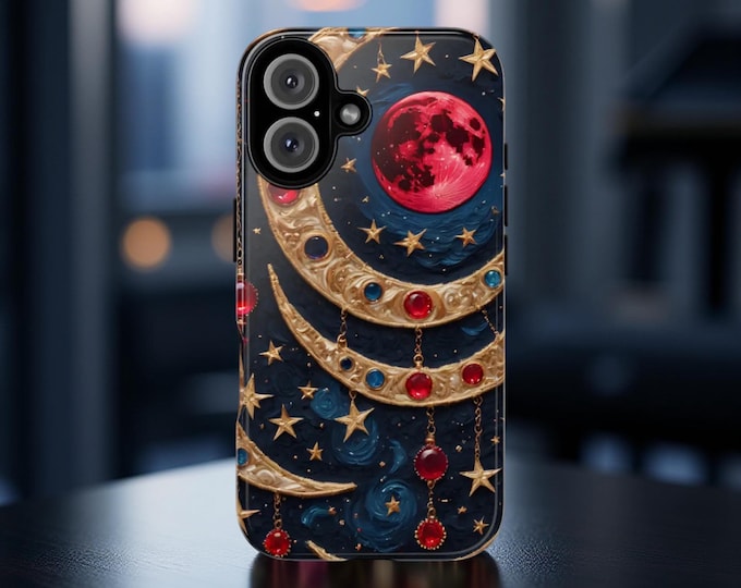 Red Moon Celestial Bling Art Tough Phone Case, Samsung Galaxy S25 S24 S23 S22| iPhone 16 15 14 13 12 11 Pro Max plus,