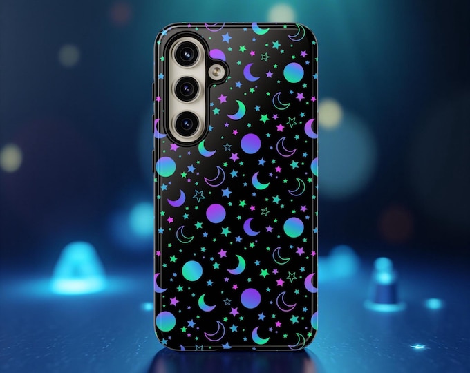 Dark neon, stars, moon, celestial, goth, witchy | Tough Cases | iPhone 16 15 14 13 12 11 S22, S23 S24 S25 Plus, Ultra| iPhone 11-16, Google
