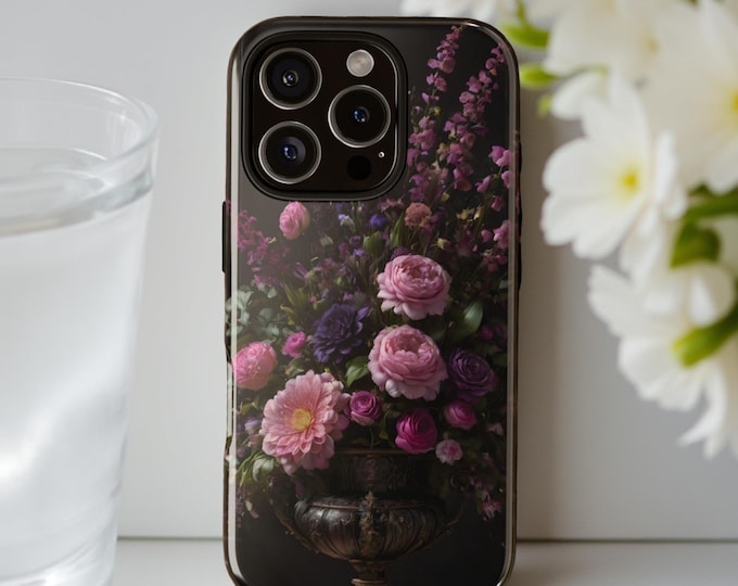 Dark floral academia iPhone Samsung dual layer tough phone case 16 15 14 14 12 11 Pro Max Plus Mini vintage flower art S25 S24 Glossy Matte
