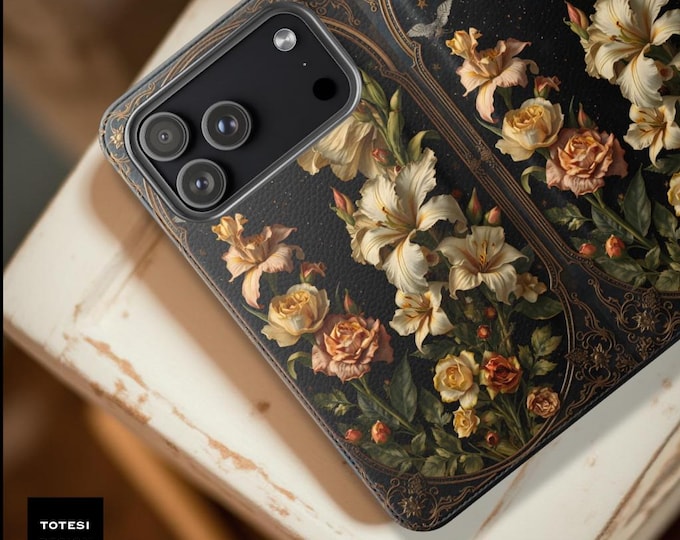 Celestial Dark Floral Flip Wallet Case, Gothic Artsy Faux Leather Cover, Cardholder Stand
