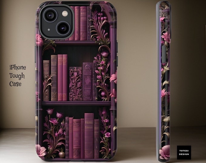 Books  bookshelf pink purple floral aesthetic iPhone tough case | sturdy dual layer  | 16 15 14 13 12 11 Pro Max Plus | Samsung S25 S24 S2