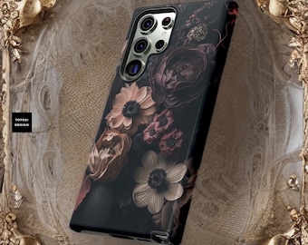 Dark Floral Academia, Samsung Galaxy Tough Case S25 S24 S23 S22 Ultra Plus| iPhone 16 15  ornamental Victorian Gothic Black | Glossy Matte