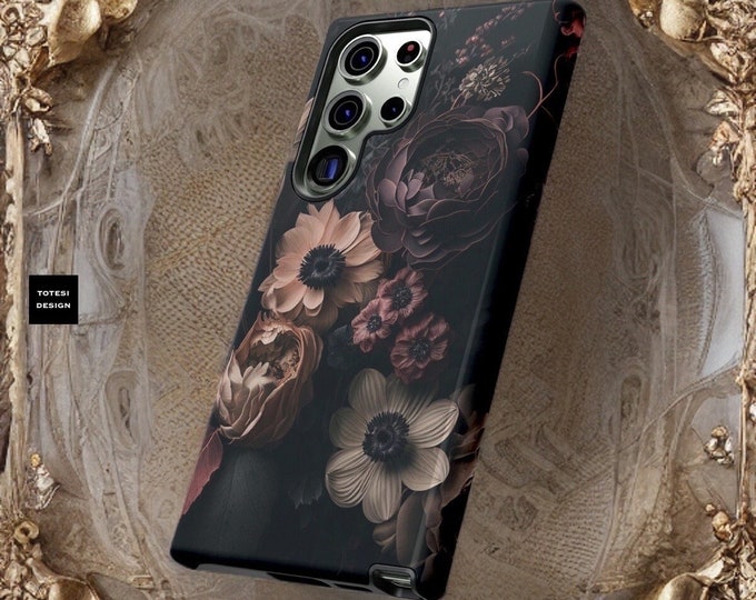 Dark Floral Academia, Samsung Galaxy Tough Case S25 S24 S23 S22 Ultra Plus| iPhone 16 15  ornamental Victorian Gothic Black | Glossy Matte