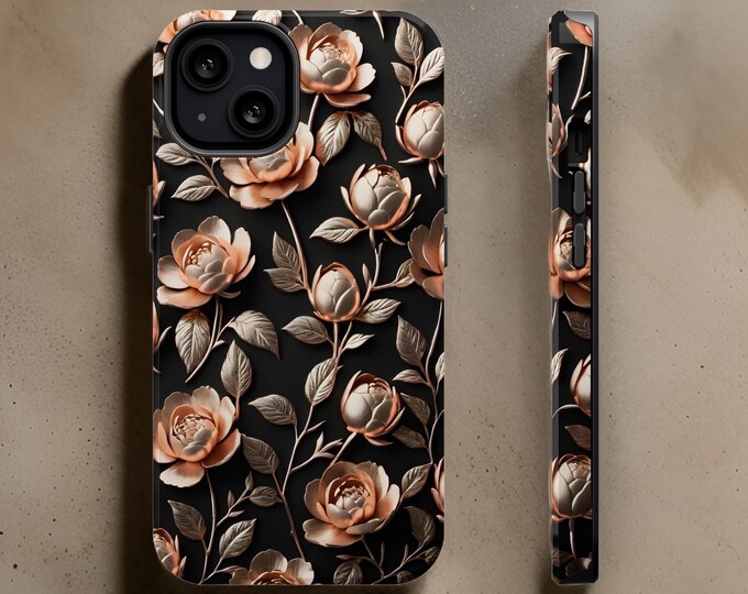 Peonies Floral MagSafe Compatible Black Gold Goth Bling Glam Dark Floral Magnetic  iPhone case 16 15 14 13  Pro Max Plus | Birthday Gift