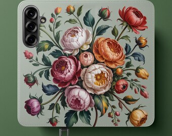 Vintage Floral Bouquet Flip Case | Wallet Phone Cover, Rose Peony Art