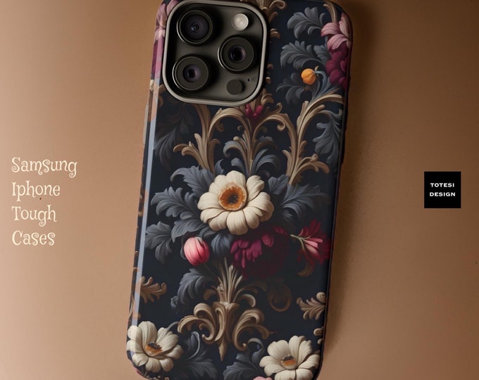 Dark floral gothic rococo  tough phone case Samsung S24 S23 S22 S21 Ultra Plus iPhone 15 14 13 12 Pro Max  |Glossy Matte