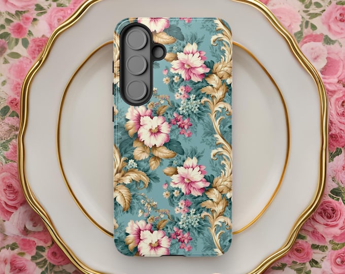 Pastel blue vintage botanical floral design  iPhone Tough Case 16 15 14 13 Pro Max Plus| Samsung S25 S24 S23 S22 Plus Ultra Cell Phone cover