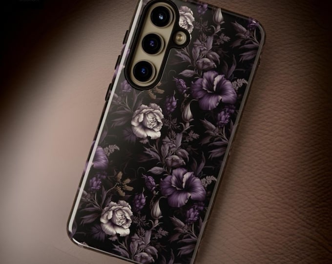 Dark purple Floral Academia Goth Samsung Galaxy S24 S21 S22 S23 + Plus Ultra |ornamental foliage |Glossy Matte