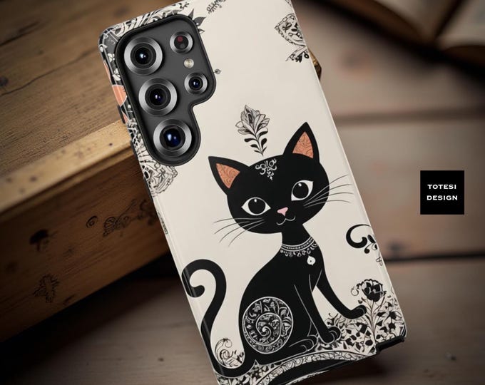 Black Cat Floral Art Tough Phone Case - Whimsical Cat Lover Gift