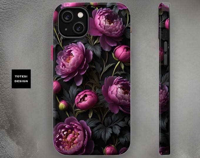 Bold Dark Pink Peonies Floral Magnetic Tough  iPhone Dual Layer Sturdy iPhone tough case Unique Floral Art 13 14 15 16  P